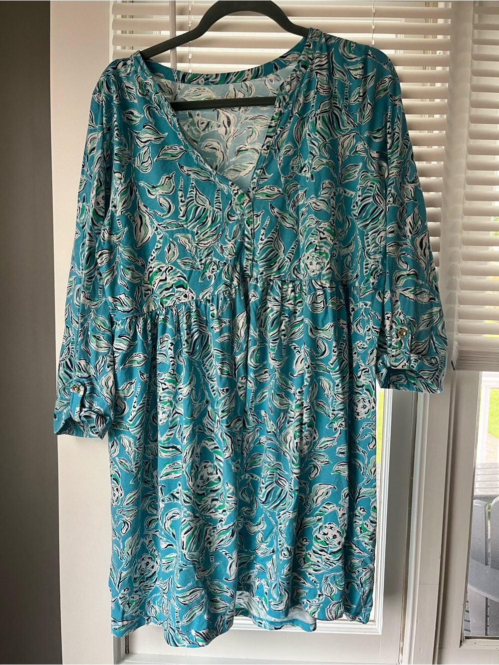 Lilly Pulitzer Teal Floral Long-Sleeve V-Neck Dress